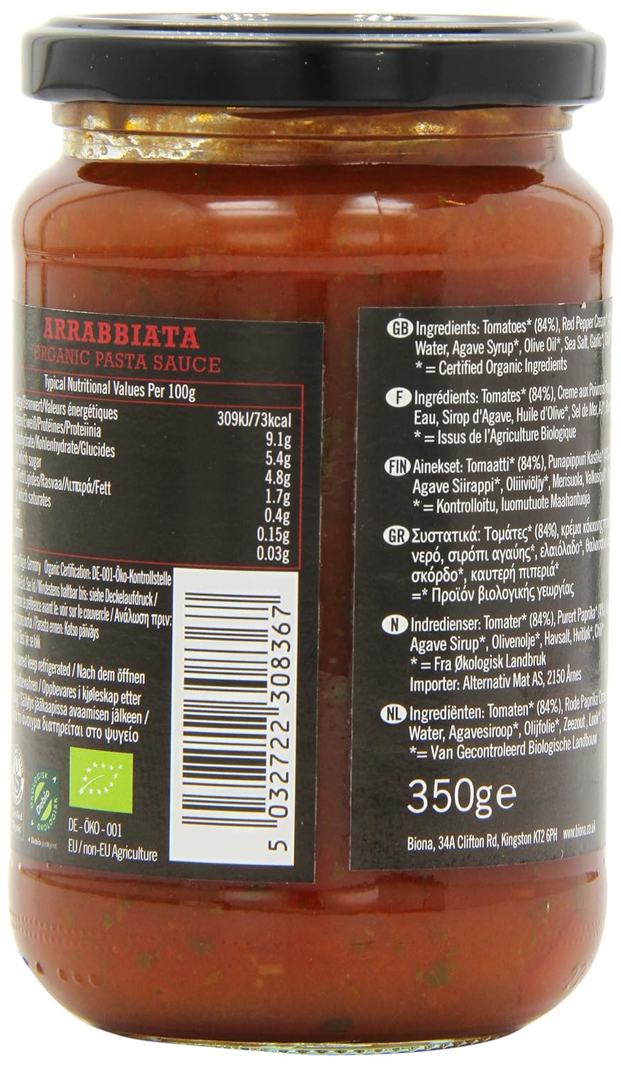 Arrabbiata Pasta Sauce Hot & Spicy 350g - Eco Natural Products - Biona - Pasta Sauce