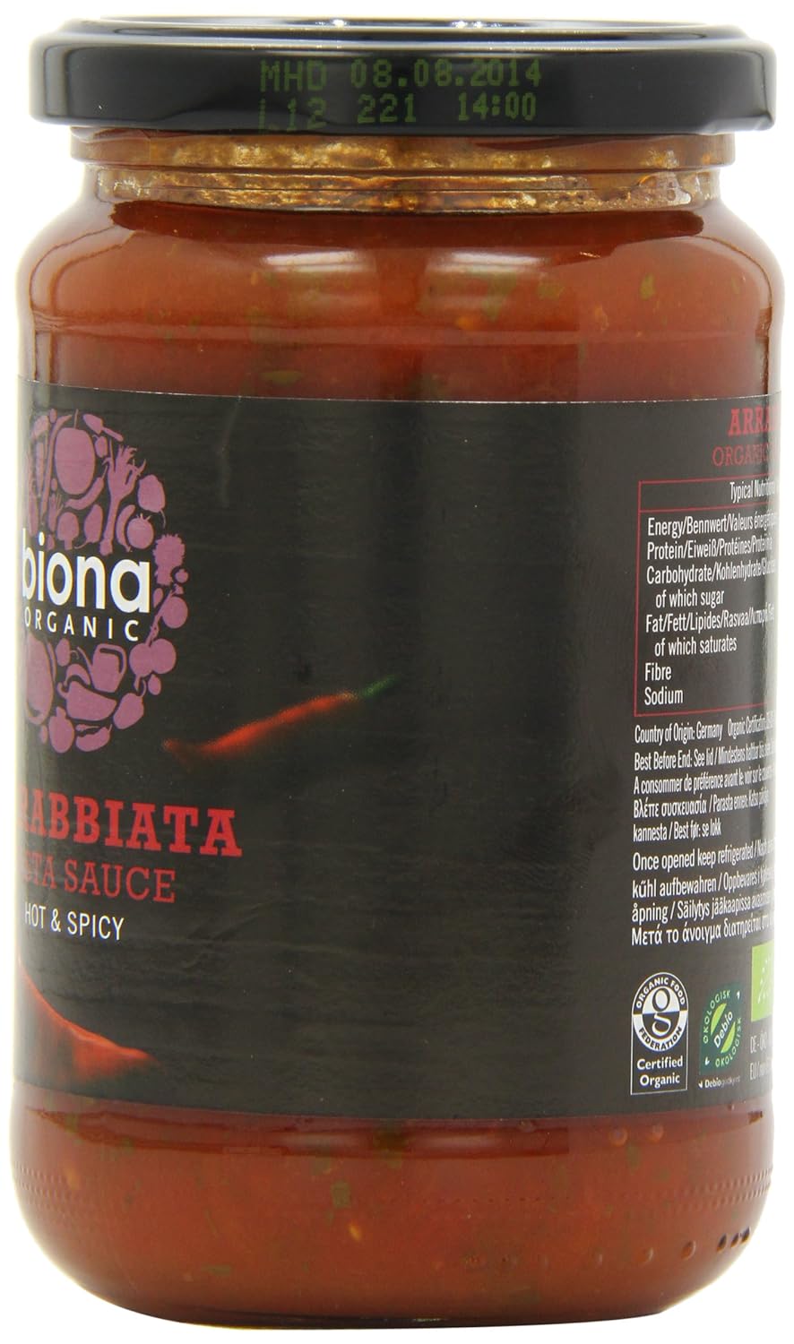 Arrabbiata Pasta Sauce Hot & Spicy 350g - Eco Natural Products - Biona - Pasta Sauce