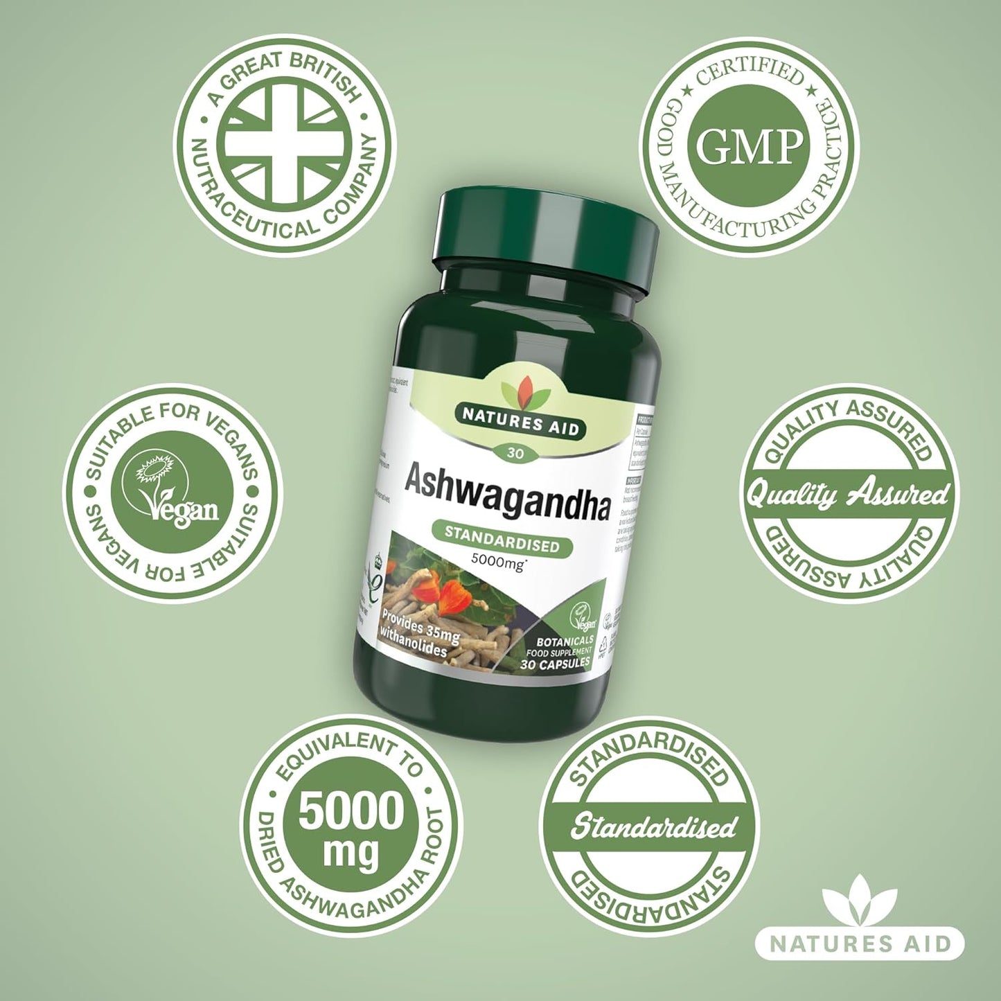 Ashwagandha 5000mg 30 Capsules - Natures Aid - Food Supplements - Eco Natural Products