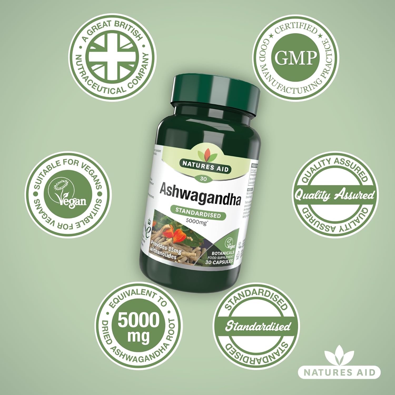 Ashwagandha 5000mg 30 Capsules - Natures Aid - Food Supplements - Eco Natural Products