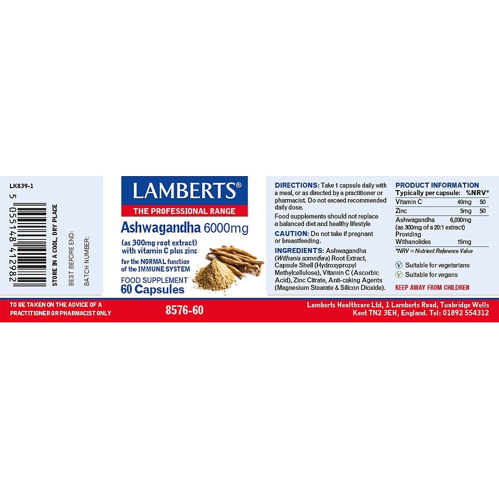 Ashwagandha 6000mg 60 Caps - Lamberts - Food Supplement - Eco Natural Products