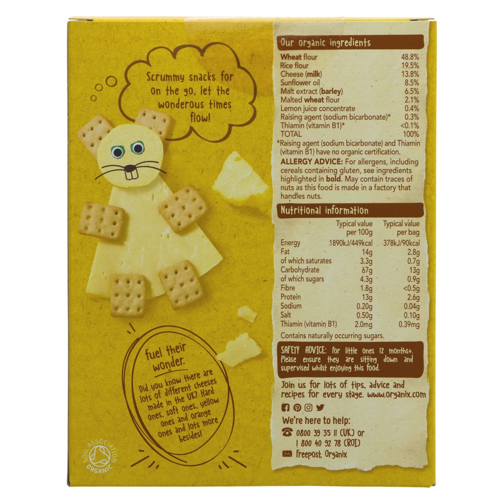 Organix Mini Organic Cheese Crackers Toddler Snack 4 x 20g back packaging
