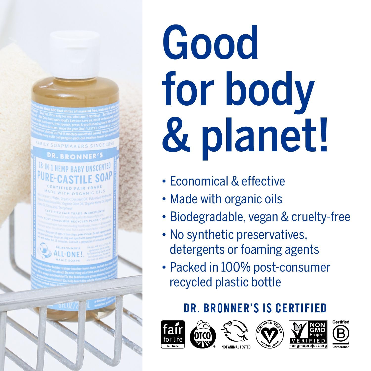 Baby Unscented Pure - Castile Liquid Soap 237ml - Eco Natural Products - Dr. Bronner - Liquid Soap