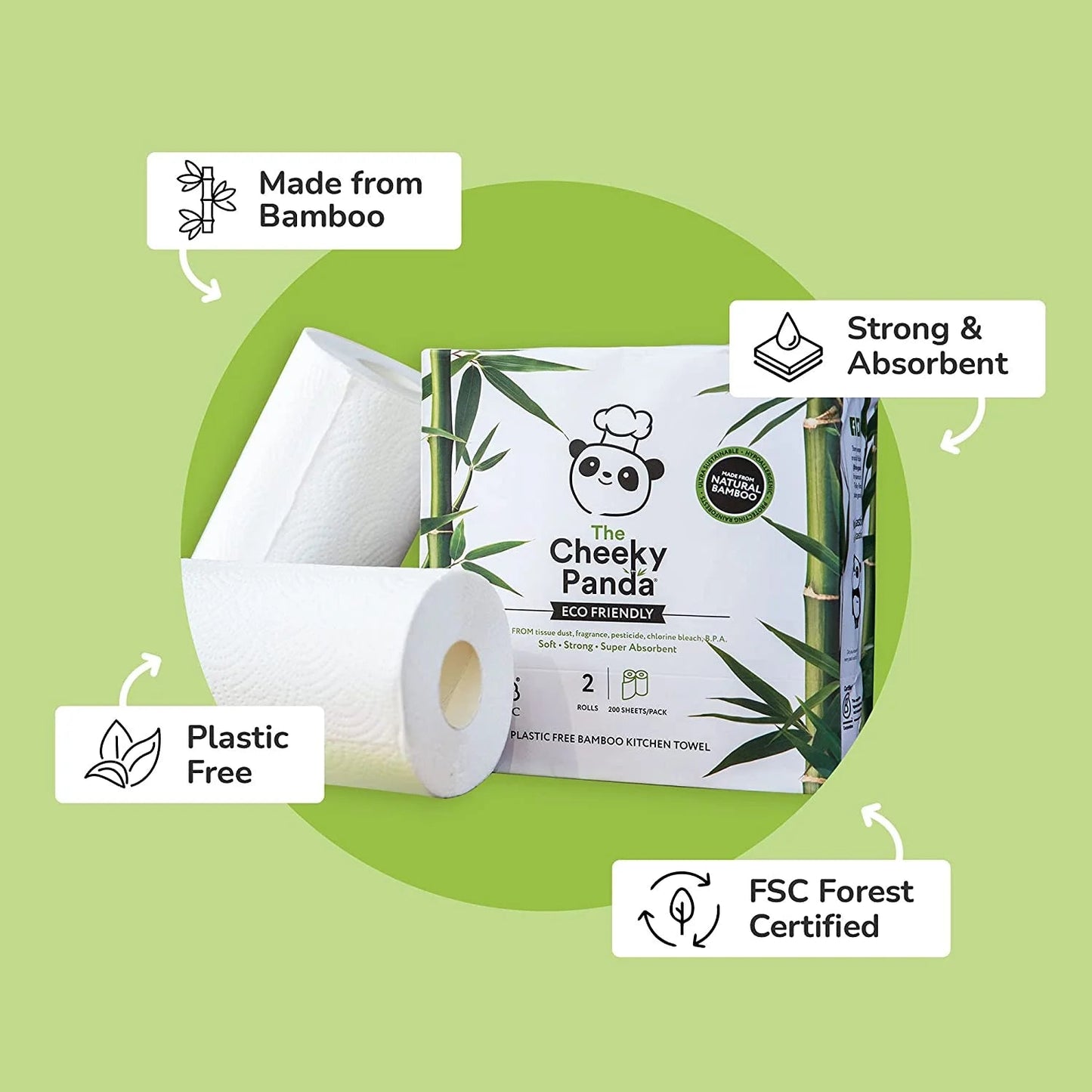 Bamboo Kitchen Towel 200 Sheets 2 Rolls - Cheeky Panda - Kitchen Towels - Eco Natural Products