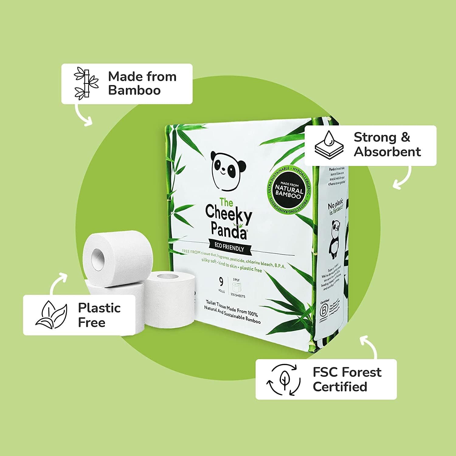 Bamboo Luxury Toilet Tissue 3PLY 200 Sheets 9 Rolls - Cheeky Panda - Toilet Tissue - Eco Natural Products
