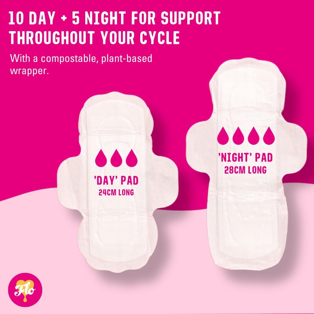 Here We Flo Bamboo Pads Winged & Ultra Thin 10 Day & 5 Night Pads plant based wrapper