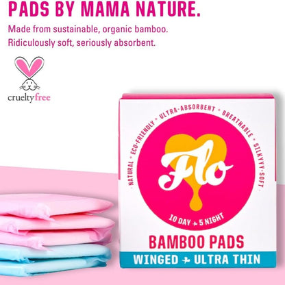 Bamboo Pads Winged & Utra Thin 10 Day & 5 Night Pads - Here We Flo - Feminine Sanitary Supplies - Eco Natural Products