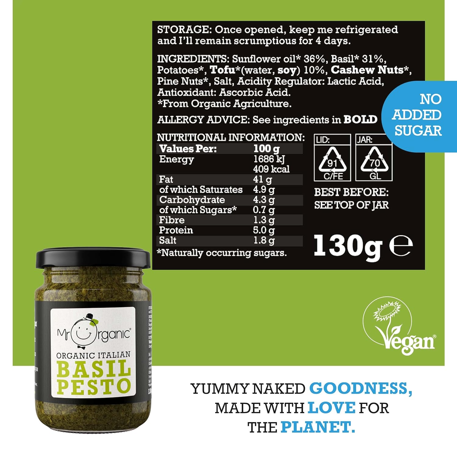 Basil Vegan Pesto 130g - Eco Natural Products - Mr Organic - Pasta Sauce