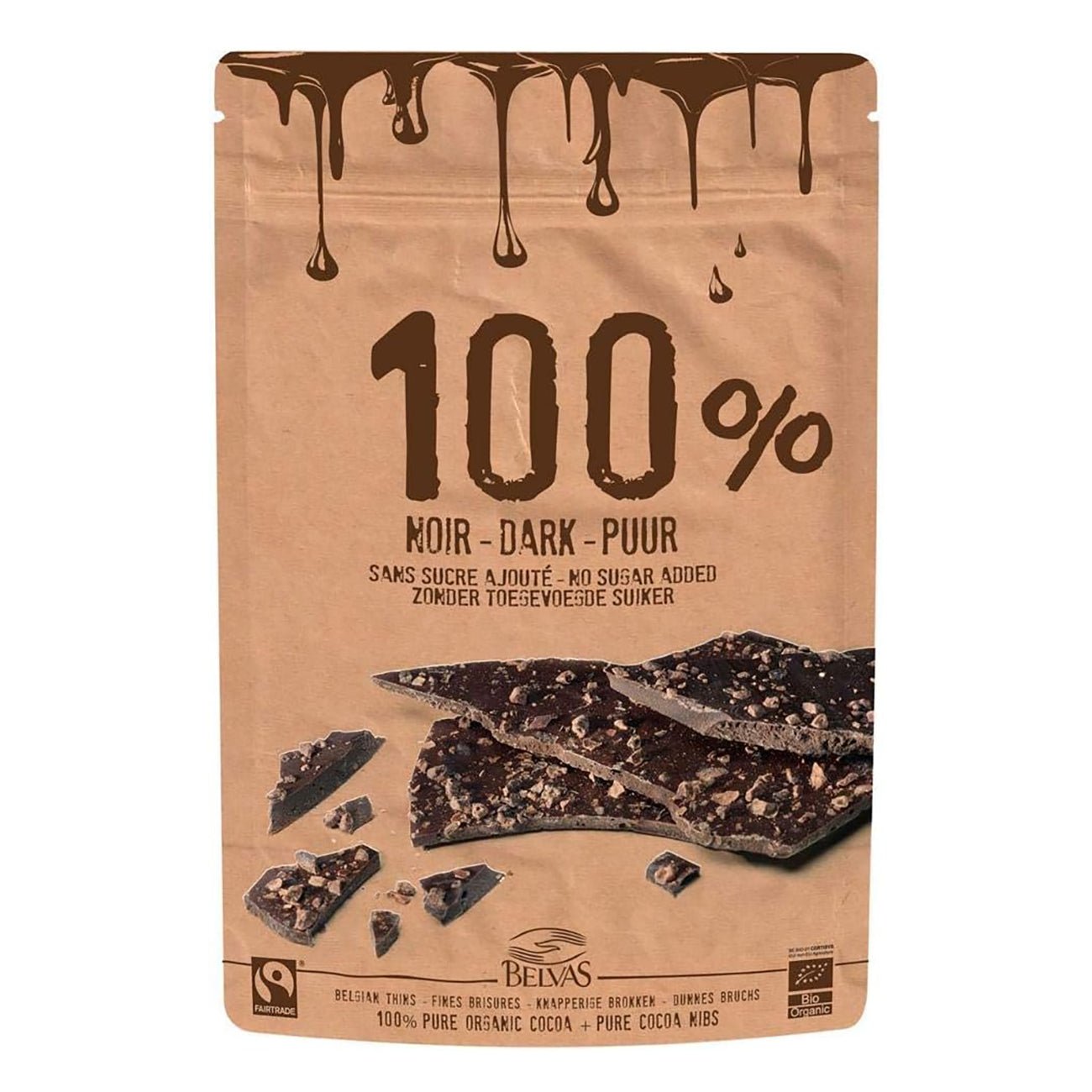 Belgian Thins Dark Chocolate 100% Pure Cacao Nibs 80g - Eco Natural Products - Belvas - Food