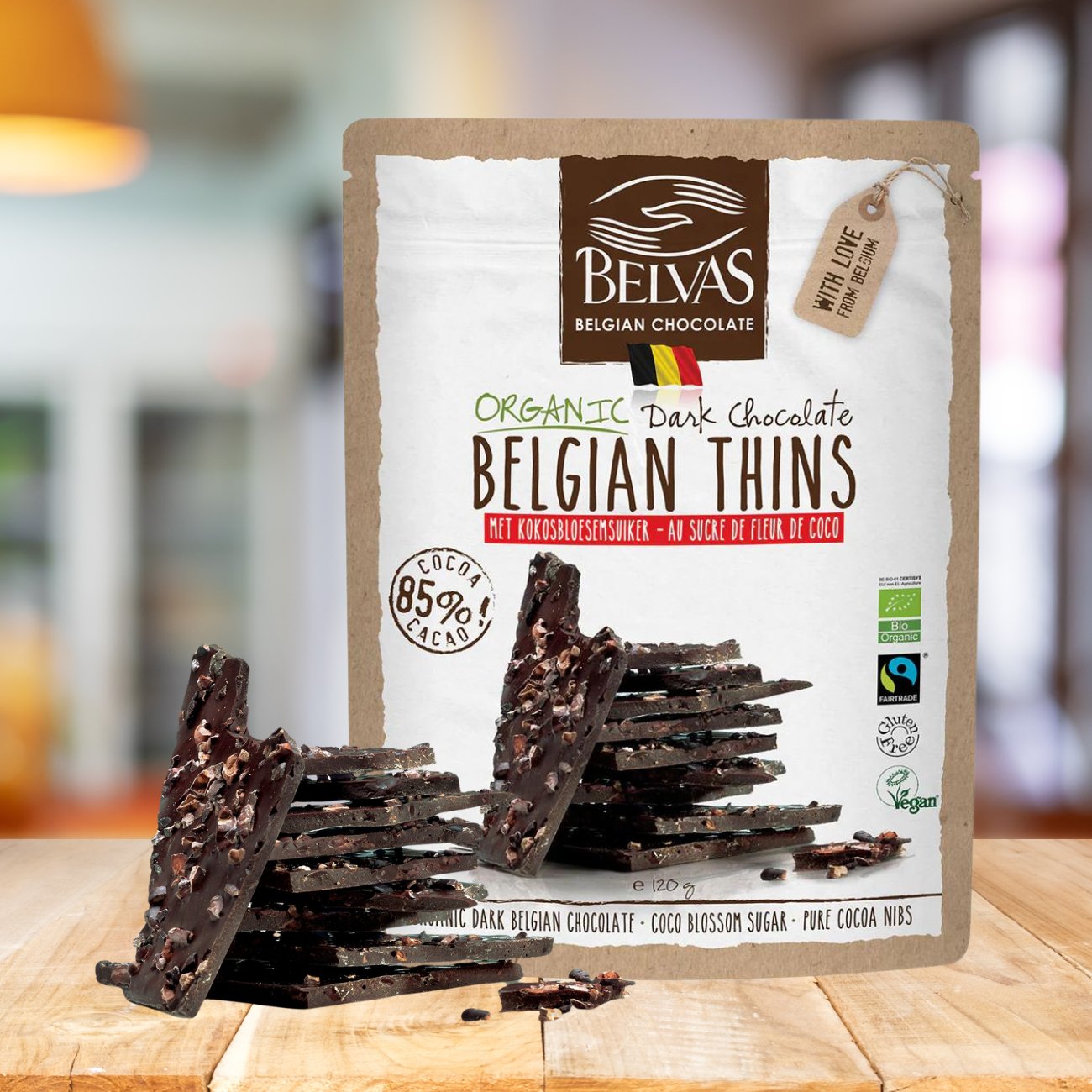 Belgian Thins Dark Chocolate 85% Coco Blossom Sugar 120g - Belvas - Food - Eco Natural Products