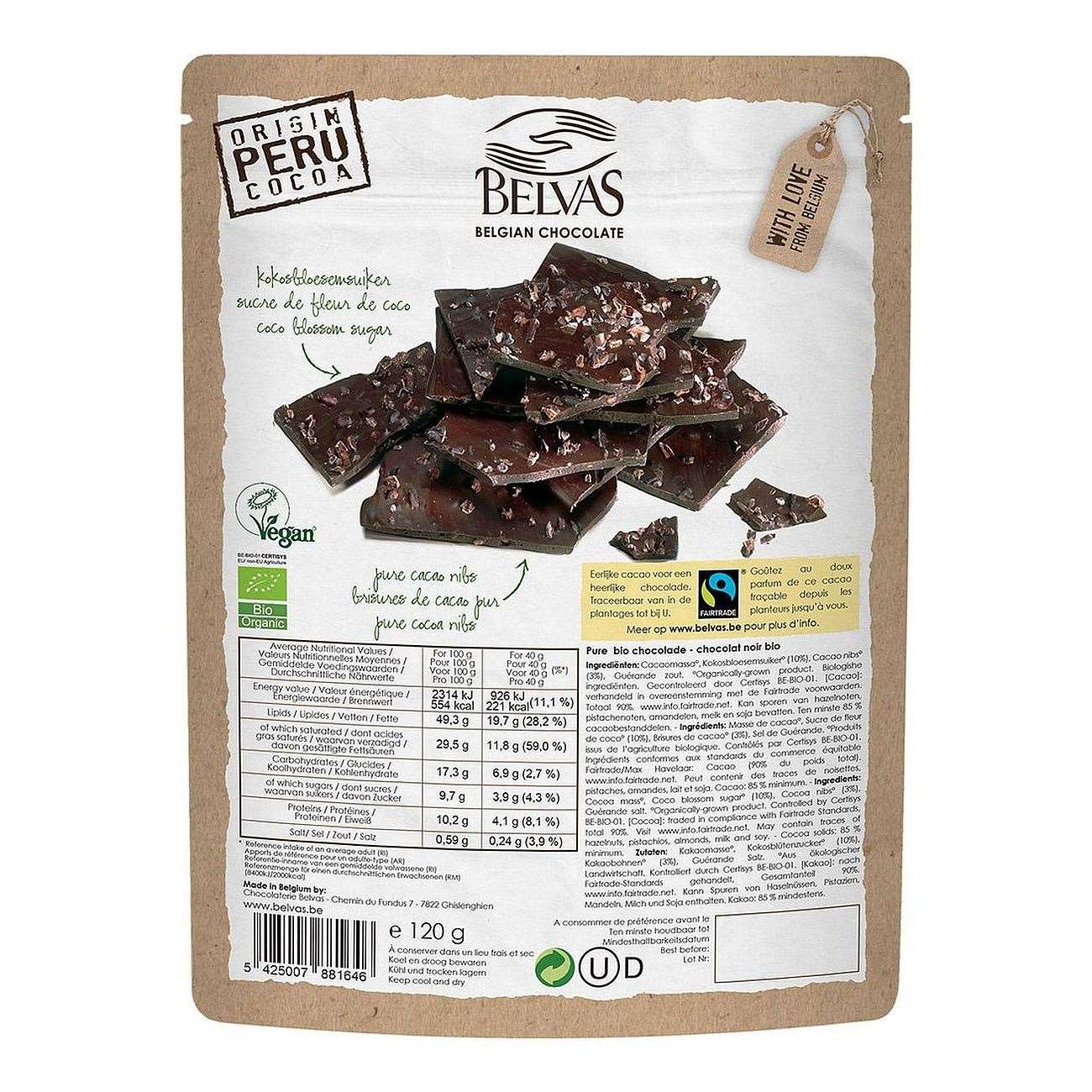 Belgian Thins Dark Chocolate 85% Coco Blossom Sugar 120g - Eco Natural Products - Belvas - Food