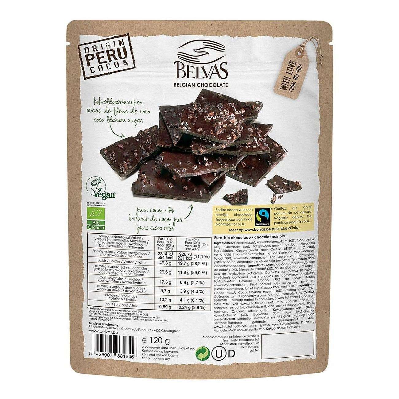 Belgian Thins Dark Chocolate 85% Coco Blossom Sugar 120g - Belvas - Food - Eco Natural Products