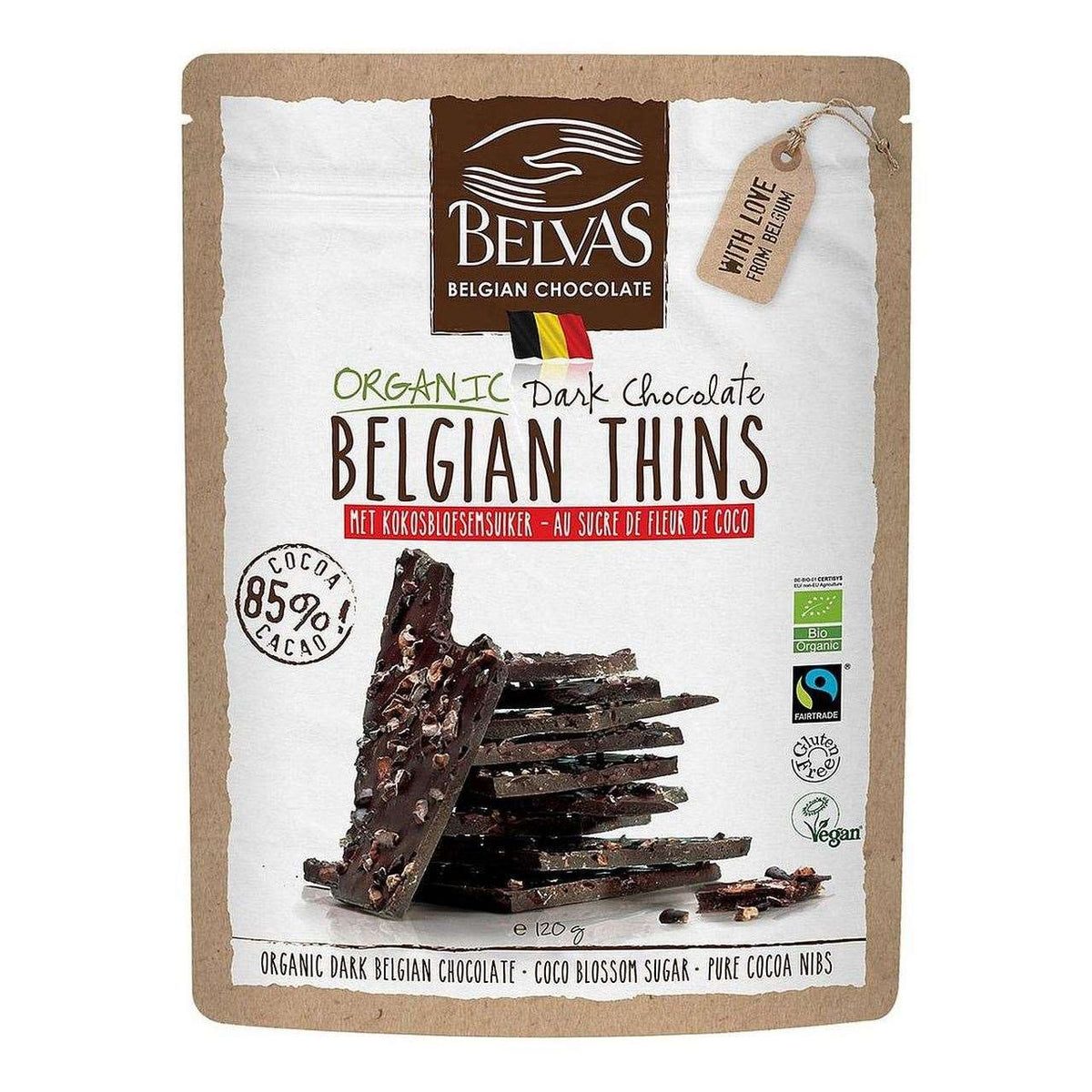 Belgian Thins Dark Chocolate 85% Coco Blossom Sugar 120g - Belvas - Food - Eco Natural Products