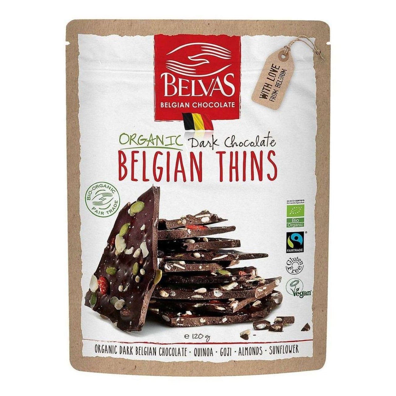 Belgian Thins Dark Chocolate with Goji & Quinoa 120g - Eco Natural Products - Belvas - Food