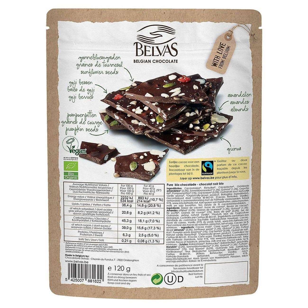 Belgian Thins Dark Chocolate with Goji & Quinoa 120g - Eco Natural Products - Belvas - Food