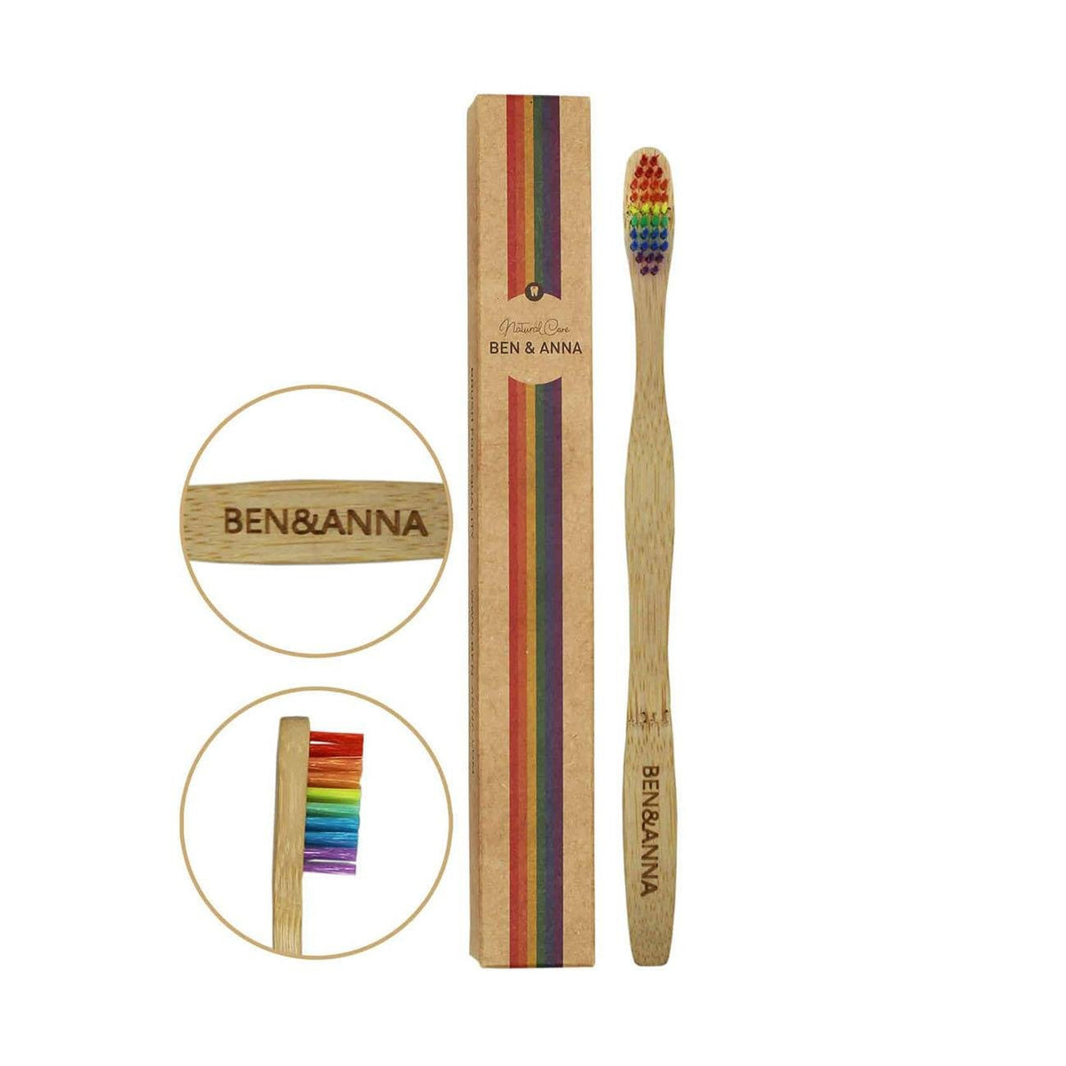 Ben & Anna Equality Bamboo Toothbrush, Ben & Anna design with kraft paper box and rainbow nylon bristles