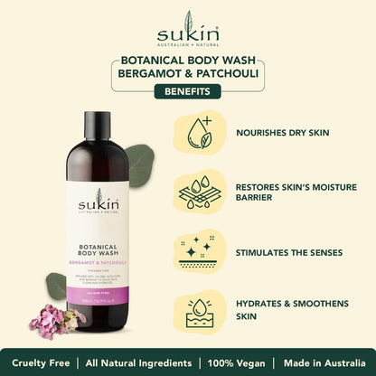 Bergamot & Patchouli Botanical Body Wash 500ml - Sukin - Body Wash - Eco Natural Products