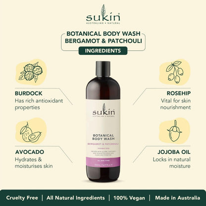 Bergamot & Patchouli Botanical Body Wash 500ml - Sukin - Body Wash - Eco Natural Products