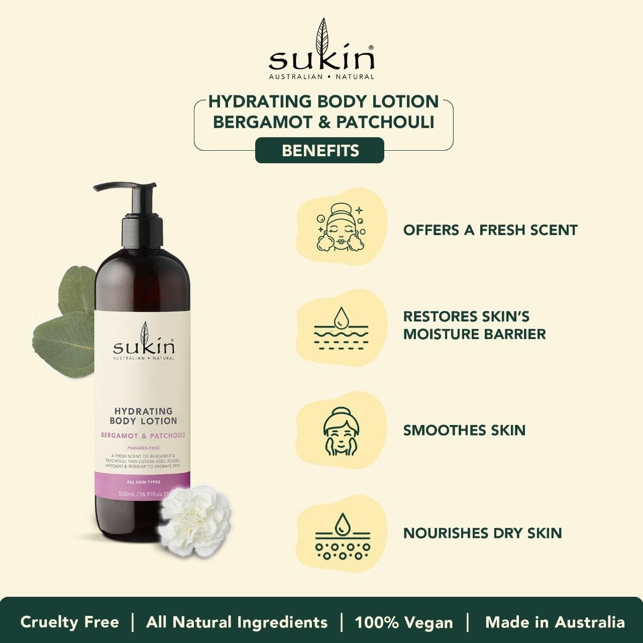 Bergamot & Patchouli Hydrating Body Lotion 500ml - Sukin - Lotions & Moisturizers - Eco Natural Products