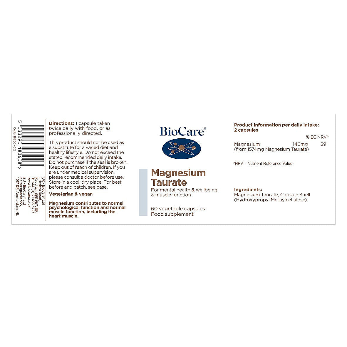 BioCare Magnesium Taurate 60 Capsules - back view