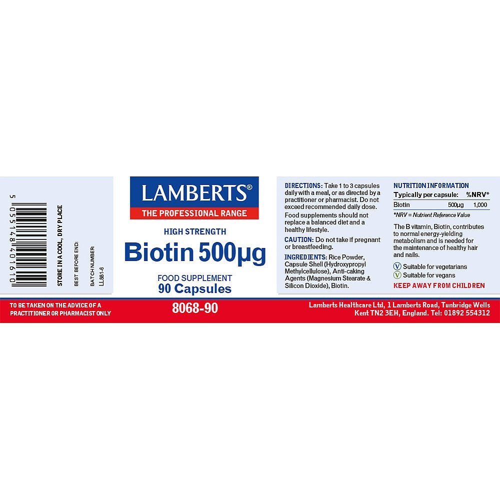 Biotin 500µg 90 Caps - Lamberts - Food Supplement - Eco Natural Products