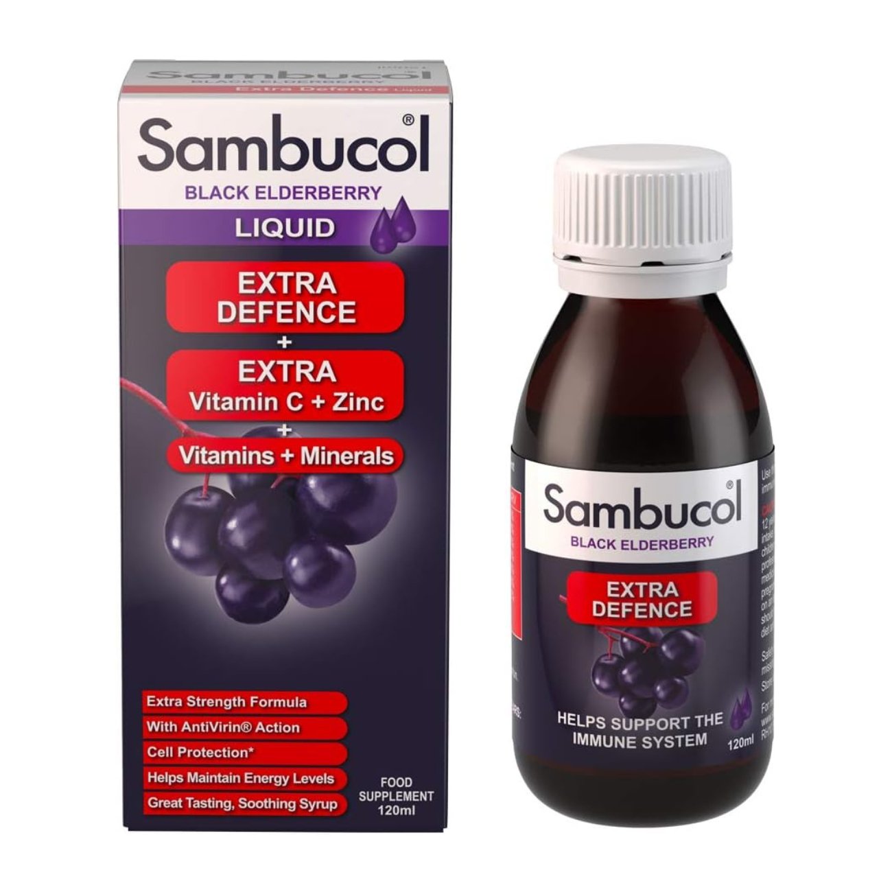 Black Elderberry Extra Defence Extra Vitamin C + Zinc Liquid 120ml - Sambucol - Food Supplement - Eco Natural Products