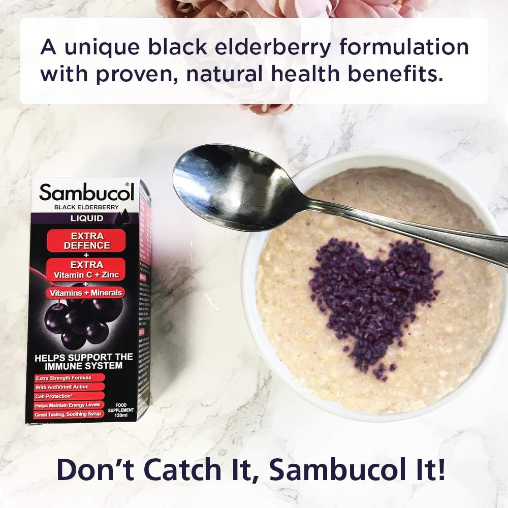 Black Elderberry Extra Defence Extra Vitamin C + Zinc Liquid 120ml - Sambucol - Food Supplement - Eco Natural Products
