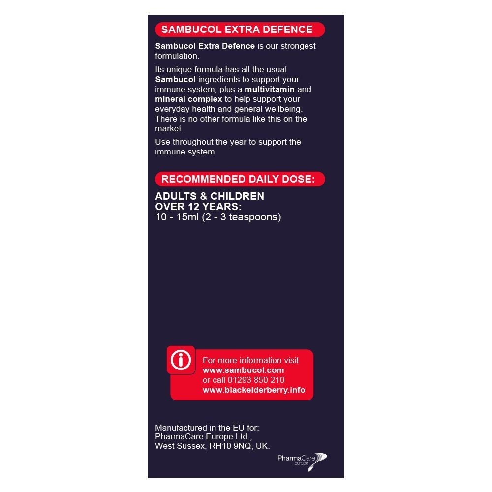Black Elderberry Extra Defence Extra Vitamin C + Zinc Liquid 120ml - Sambucol - Food Supplement - Eco Natural Products