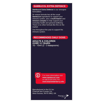 Black Elderberry Extra Defence Extra Vitamin C + Zinc Liquid 120ml - Sambucol - Food Supplement - Eco Natural Products