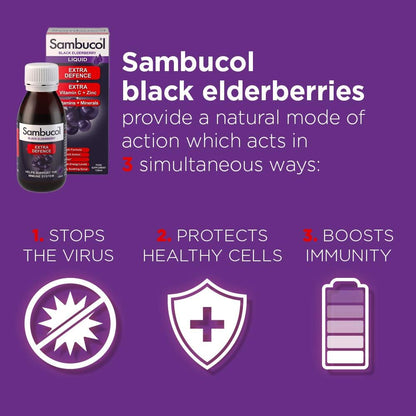 Black Elderberry Extra Defence Extra Vitamin C + Zinc Liquid 120ml - Sambucol - Food Supplement - Eco Natural Products