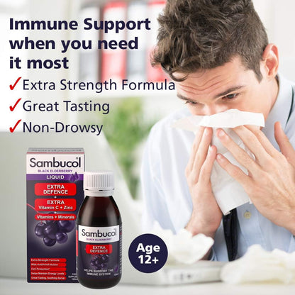 Black Elderberry Extra Defence Extra Vitamin C + Zinc Liquid 120ml - Sambucol - Food Supplement - Eco Natural Products