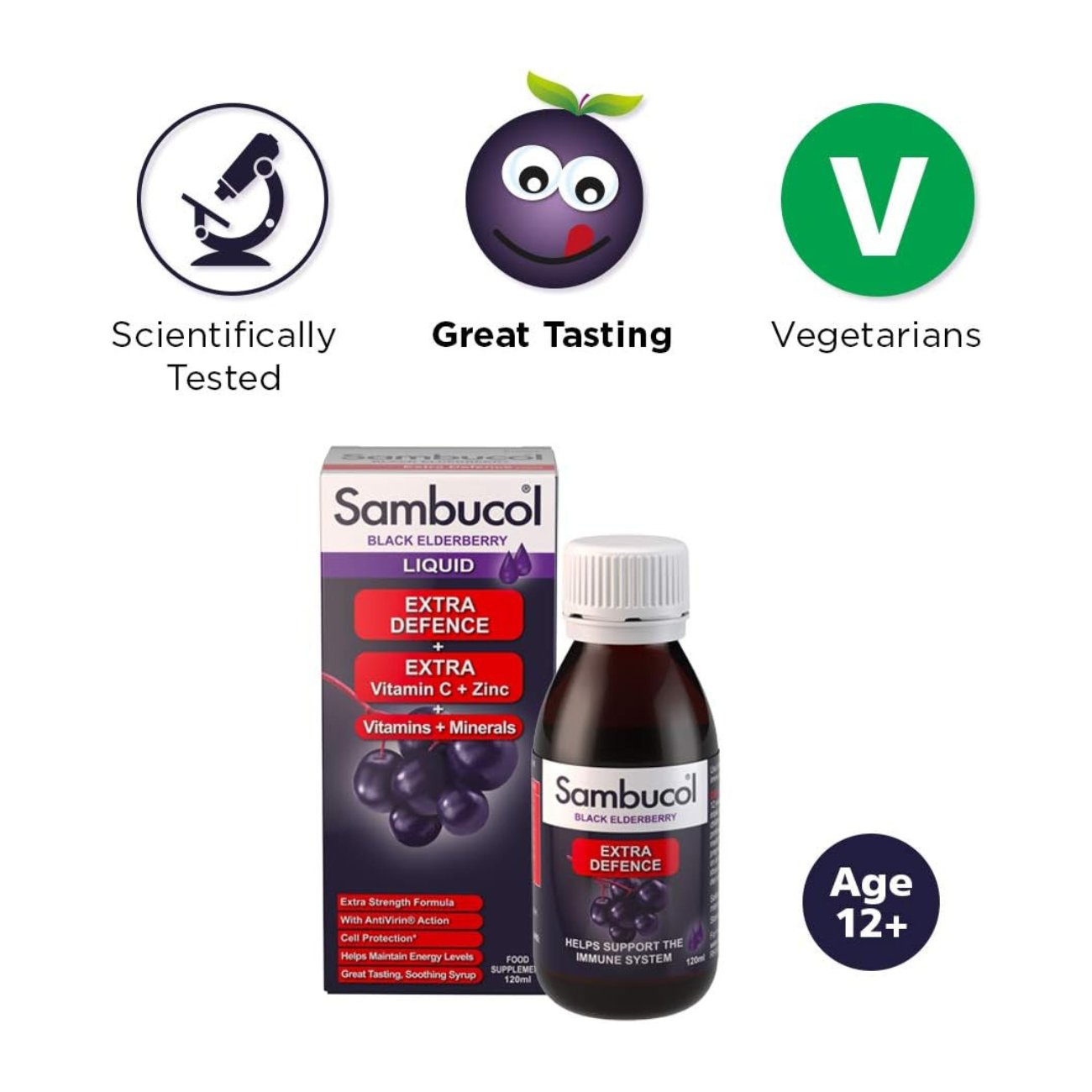 Black Elderberry Extra Defence Extra Vitamin C + Zinc Liquid 120ml - Sambucol - Food Supplement - Eco Natural Products