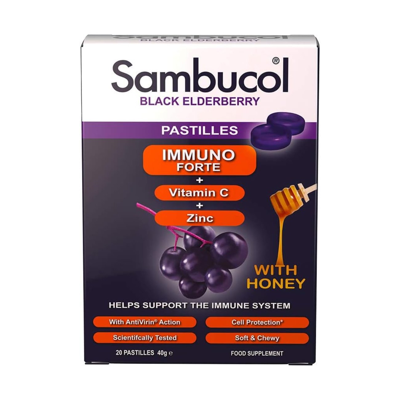 Black Elderberry With Honey 20 Pastilles 40g - Sambucol - Food Supplement - Eco Natural Products