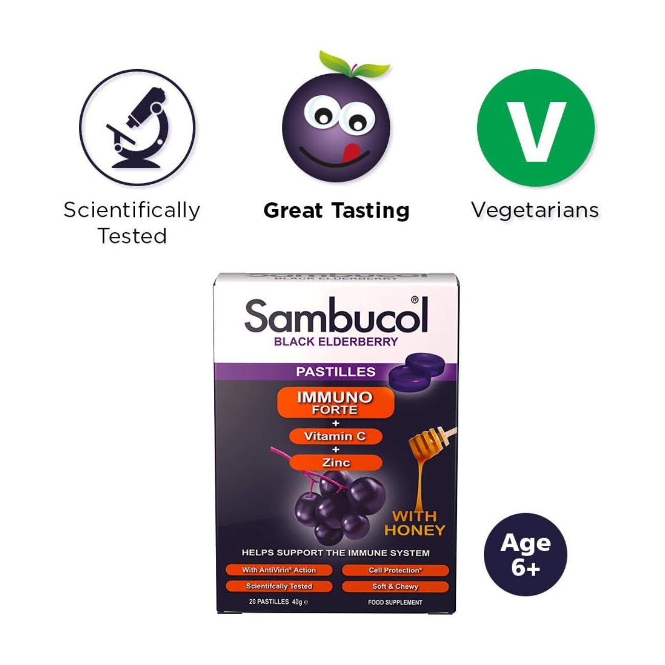 Black Elderberry With Honey 20 Pastilles 40g - Eco Natural Products - Sambucol - Food Supplement