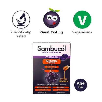 Black Elderberry With Honey 20 Pastilles 40g - Sambucol - Food Supplement - Eco Natural Products