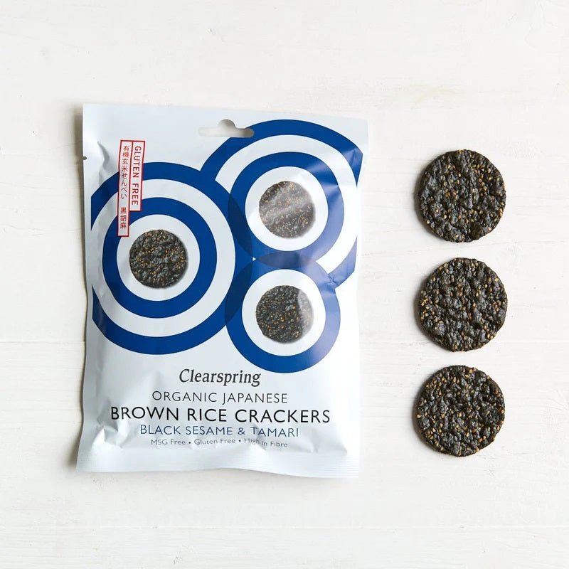 Black Sesame Japanese Brown Rice Crackers 40g - Eco Natural Products - Clearspring - Brown Rice Crackers