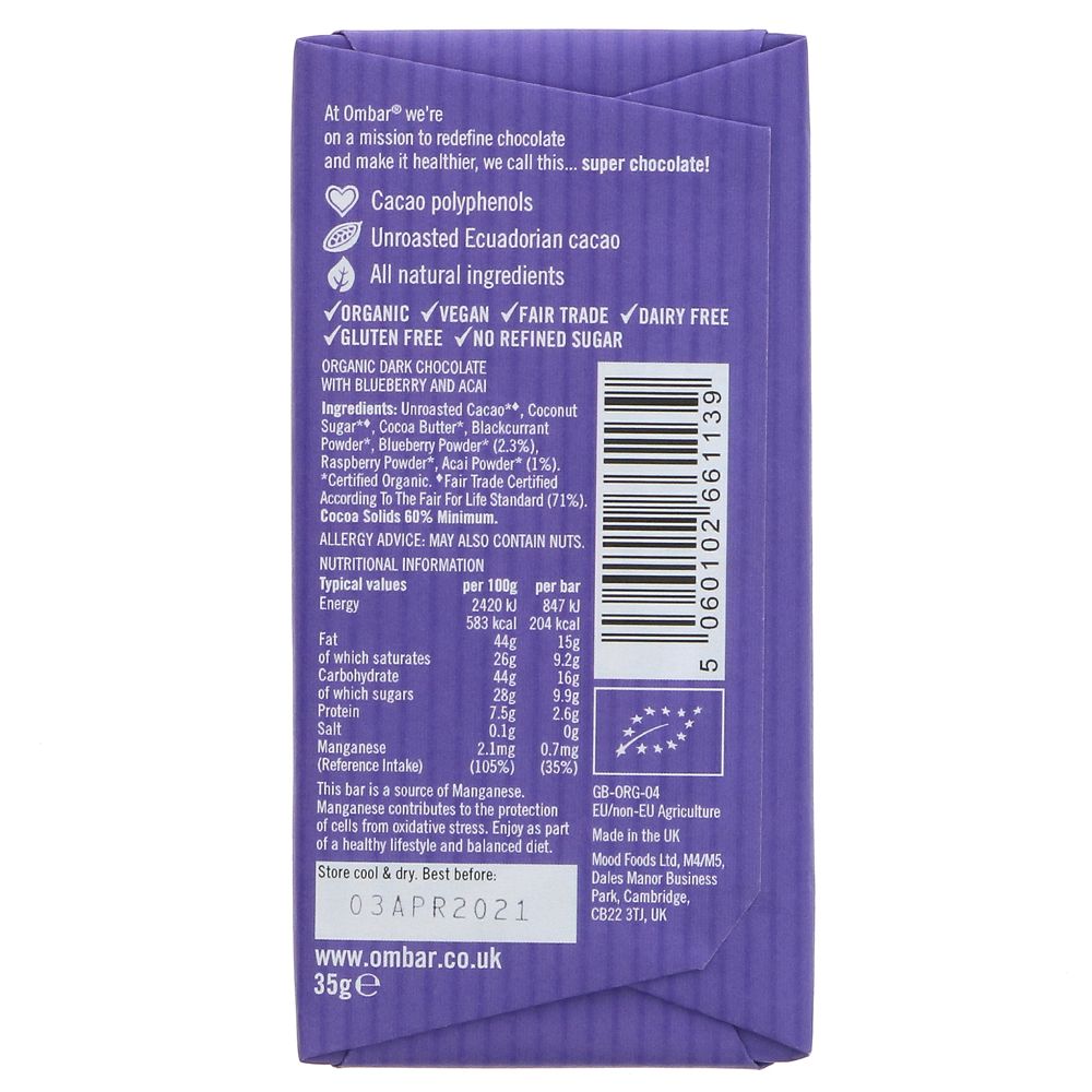 Blueberry Acai 60% Cacao Chocolate Bar 35g - Eco Natural Products - Ombar - Chocolate Bar