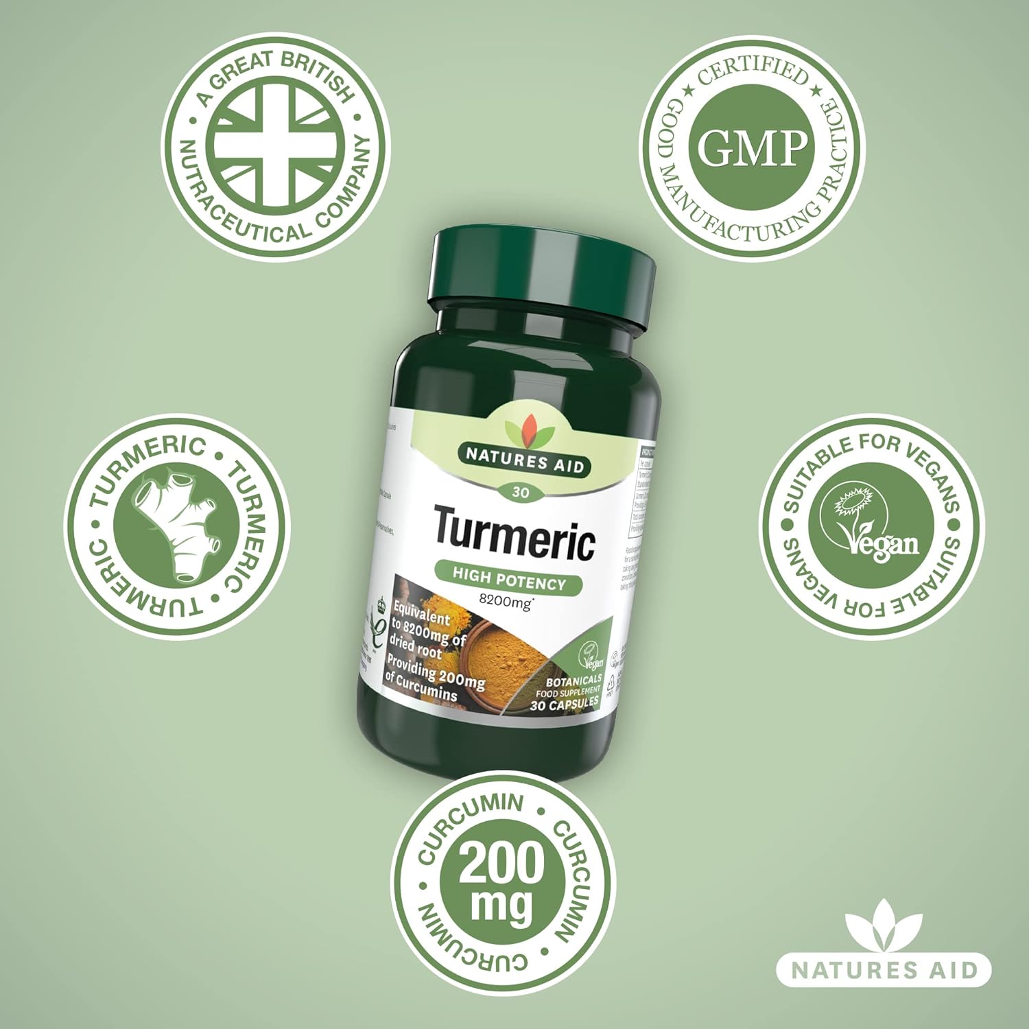 Botanicals Turmeric High Potency 8200mg 30 Capsules - Eco Natural Products - Natures Aid - Vitamins & Supplements