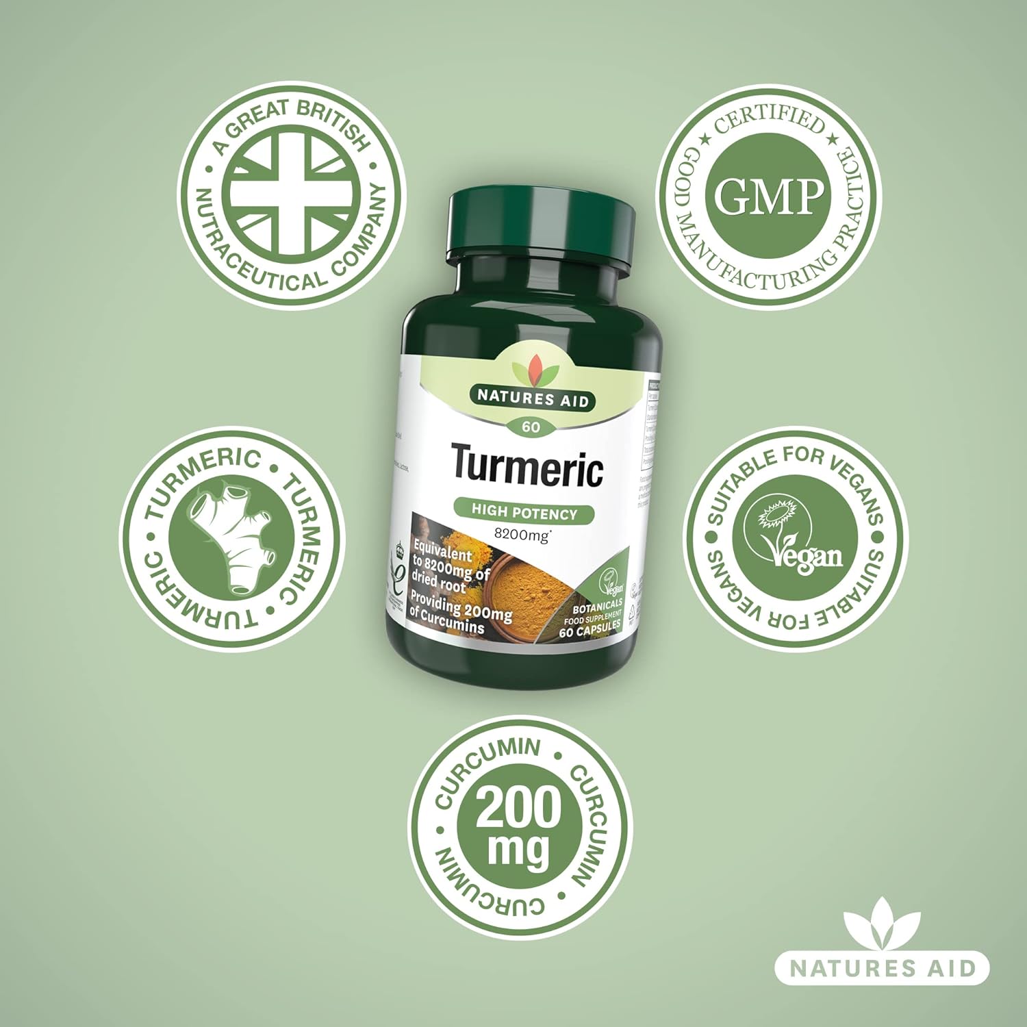 Botnicals Turmeric High Potency - 8200mg - 60caps - Natures Aid - Vitamins & Supplements - Eco Natural Products