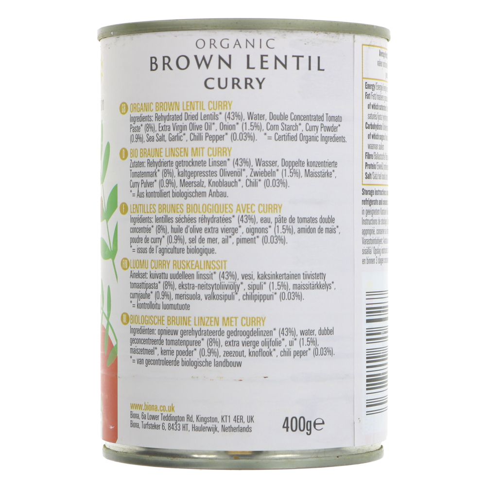 Brown Lentil Curry 400g - Eco Natural Products - Biona - Preserved Vegetables