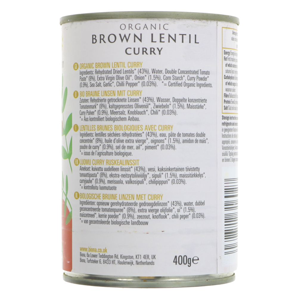 Brown Lentil Curry 400g - Biona - Preserved Vegetables - Eco Natural Products
