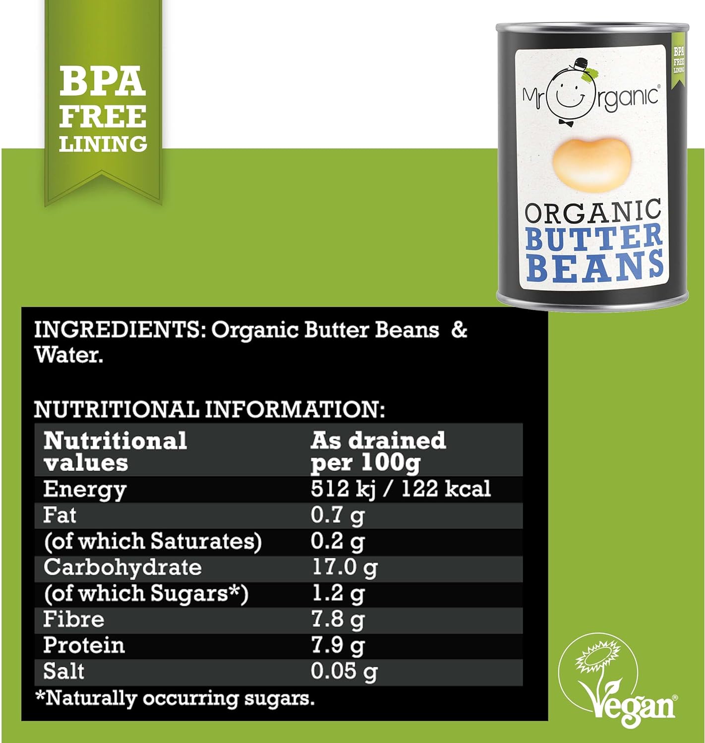 Butter Beans Tin 400g - Mr Organic - Beans - Eco Natural Products