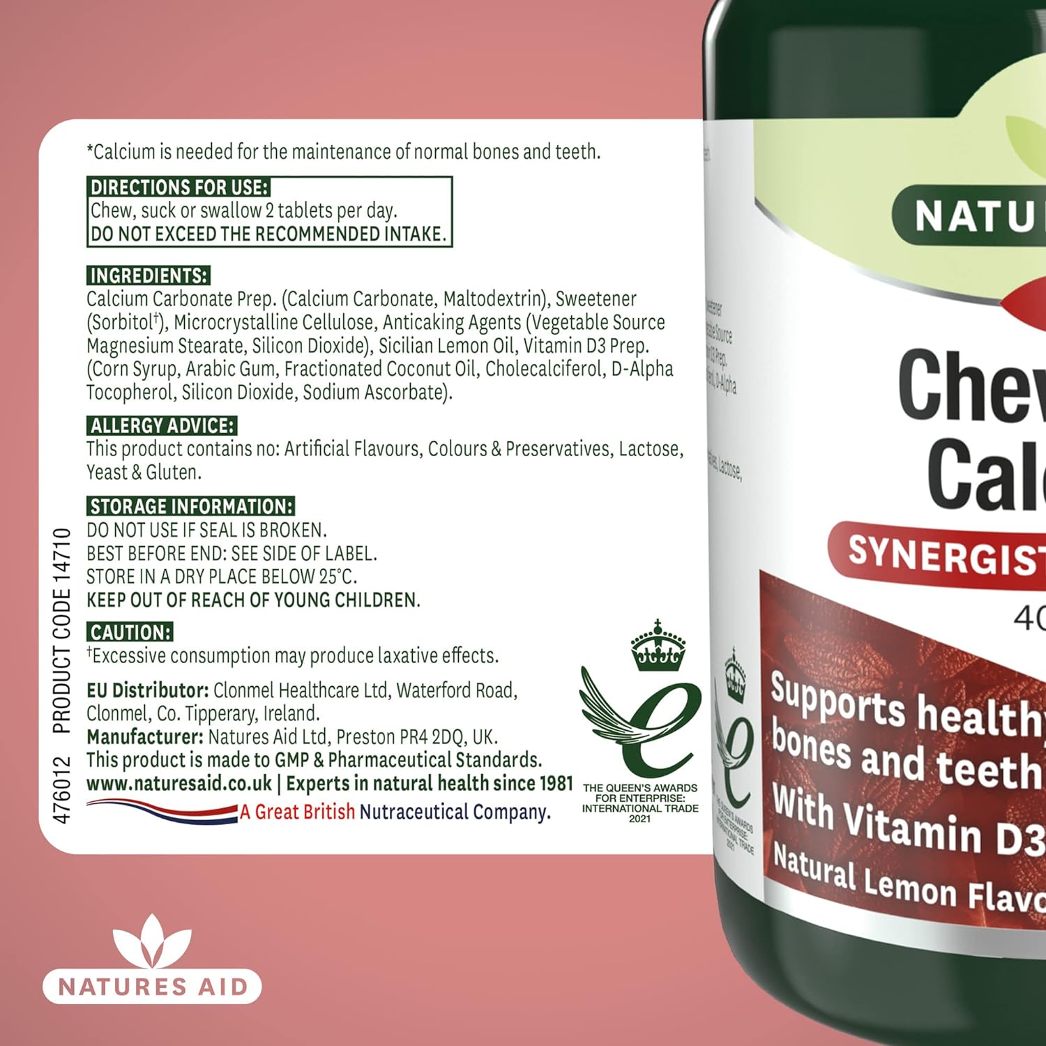 Calcium Chewable 400mg with Vitamin D3 60 Tablets - Eco Natural Products - Natures Aid - Vitamins & Supplements