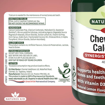 Calcium Chewable 400mg with Vitamin D3 60 Tablets - Natures Aid - Vitamins & Supplements - Eco Natural Products