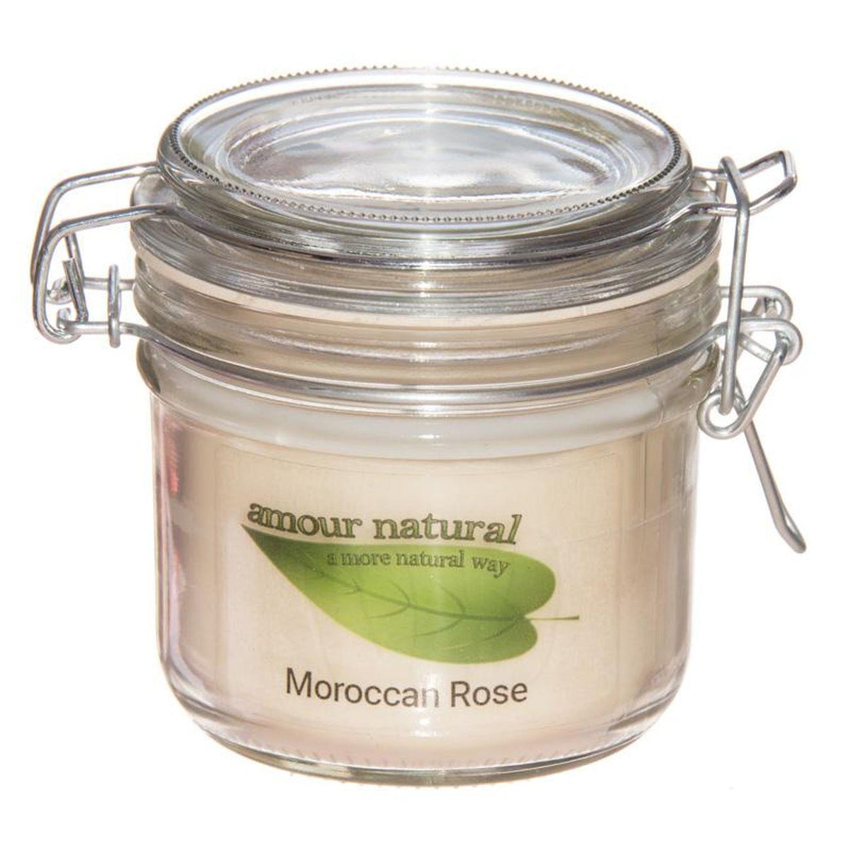 Candle in a Glass Jar with Clip - Style Lid, Morrocan Rose 200ml - Amour Natural - Eco Natural Products