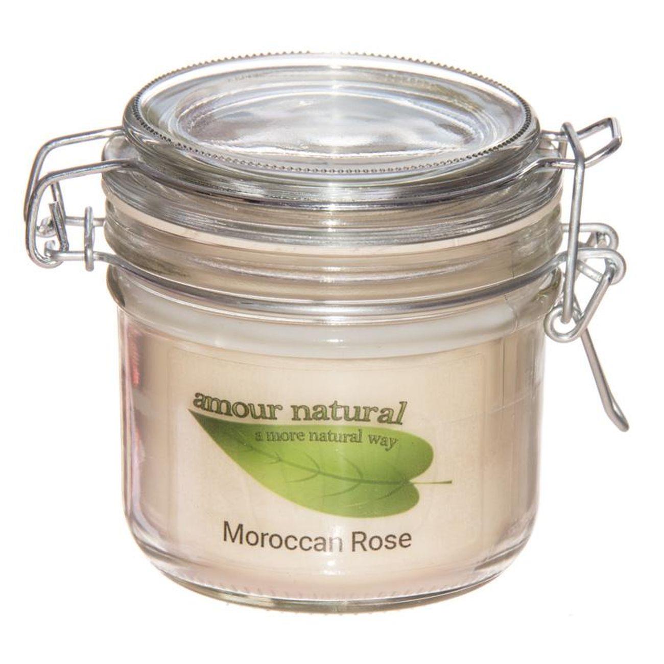 Candle in a Glass Jar with Clip - Style Lid, Morrocan Rose 200ml - Amour Natural - Eco Natural Products