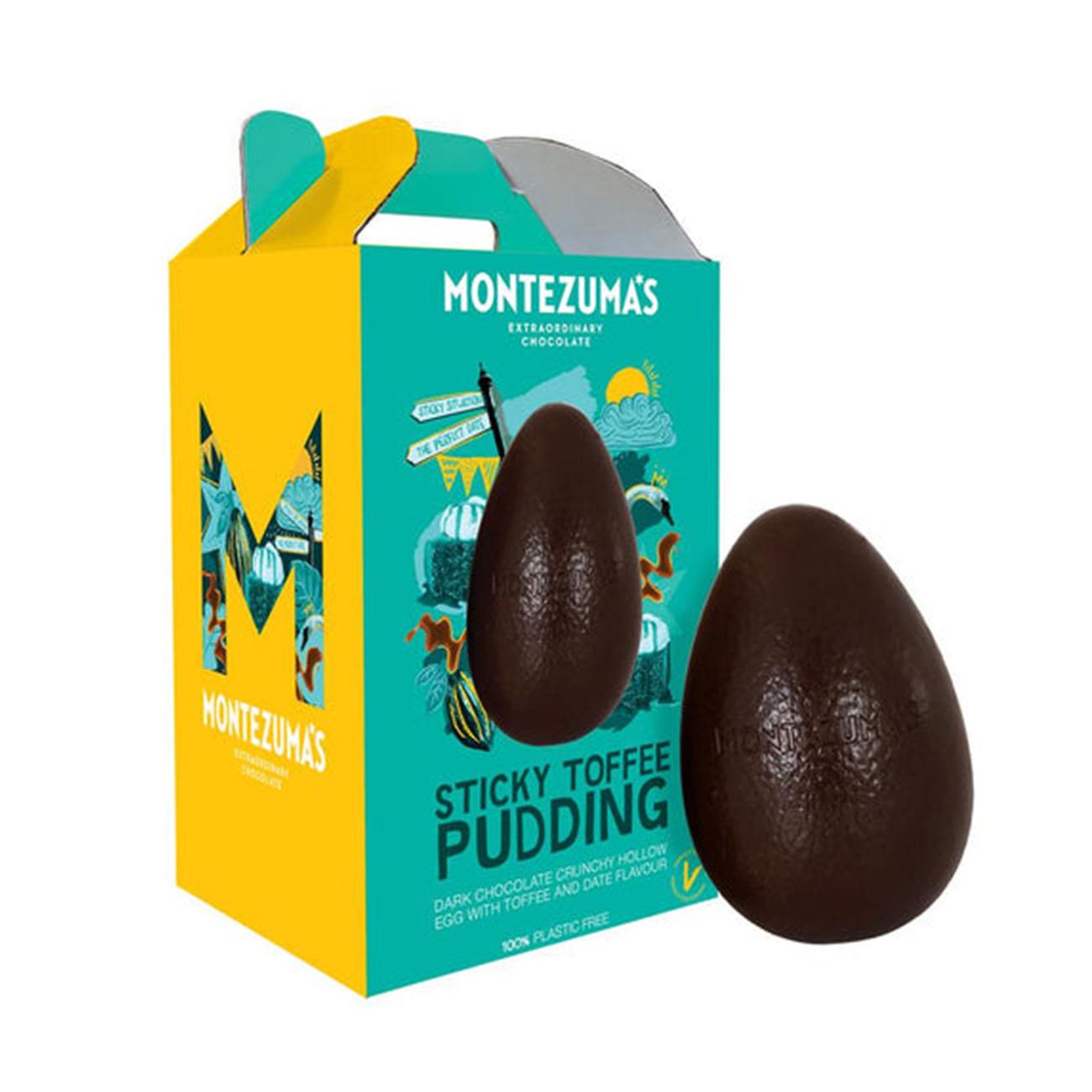 Montezumas chocolate Caramel & Date Dark Chocolate Crunchy Egg 150g front packaging with the actual product
