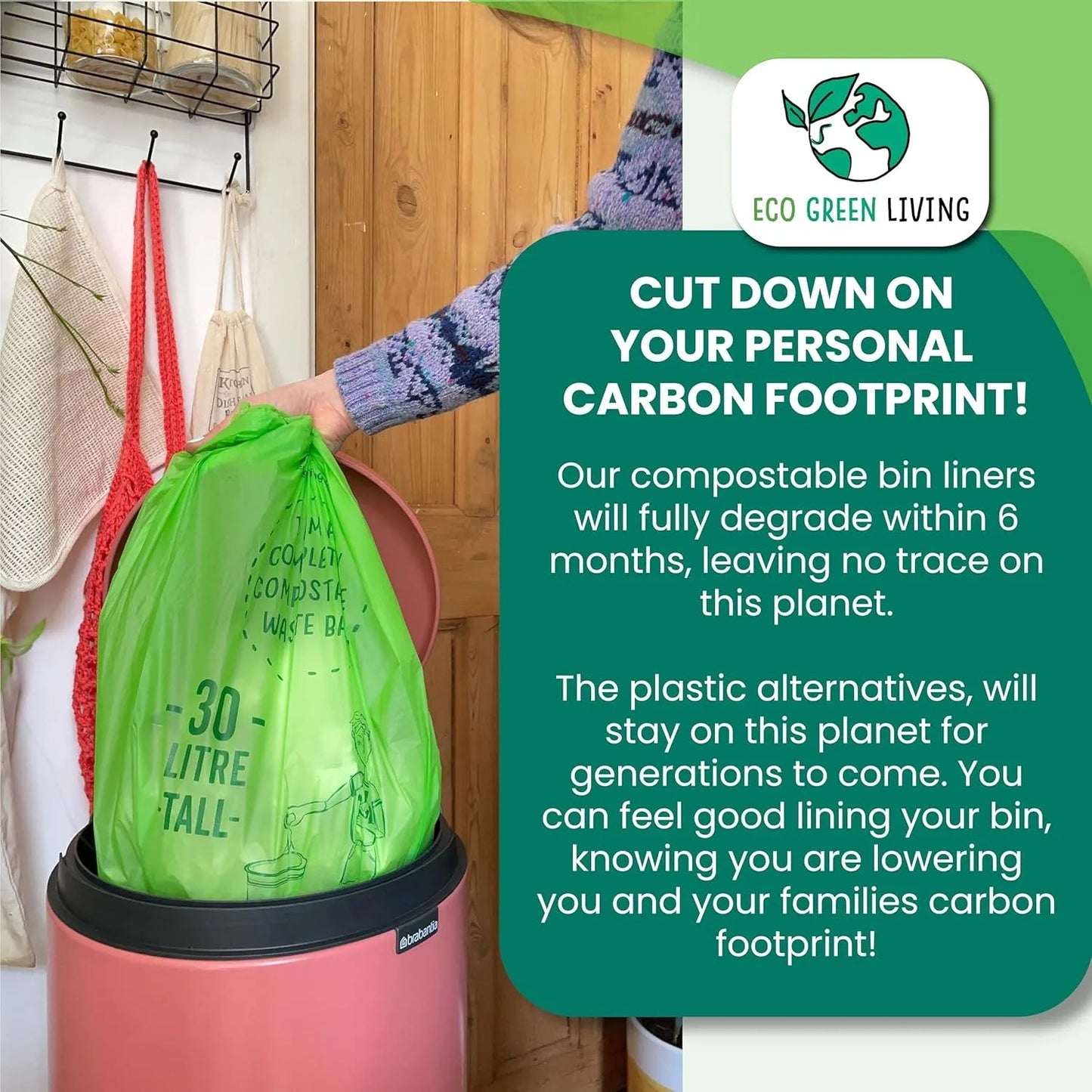 Certified Compostable Bin Bags 30L 1 Roll - Eco Green Living - Garbage Bags - Eco Green Living