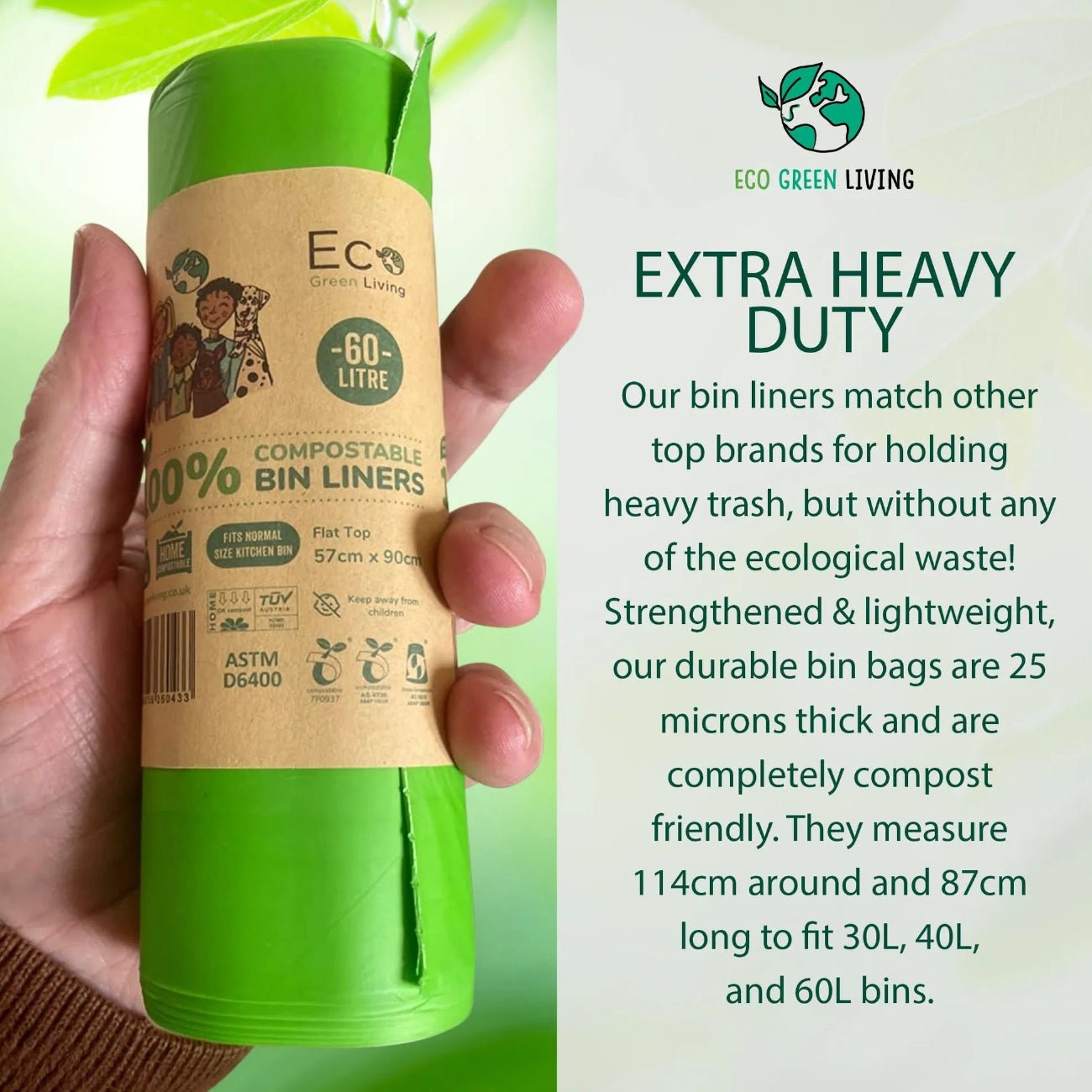 Certified Compostable Bin Bags 60L 1 Roll - Eco Green Living - Garbage Bags - Eco Green Living