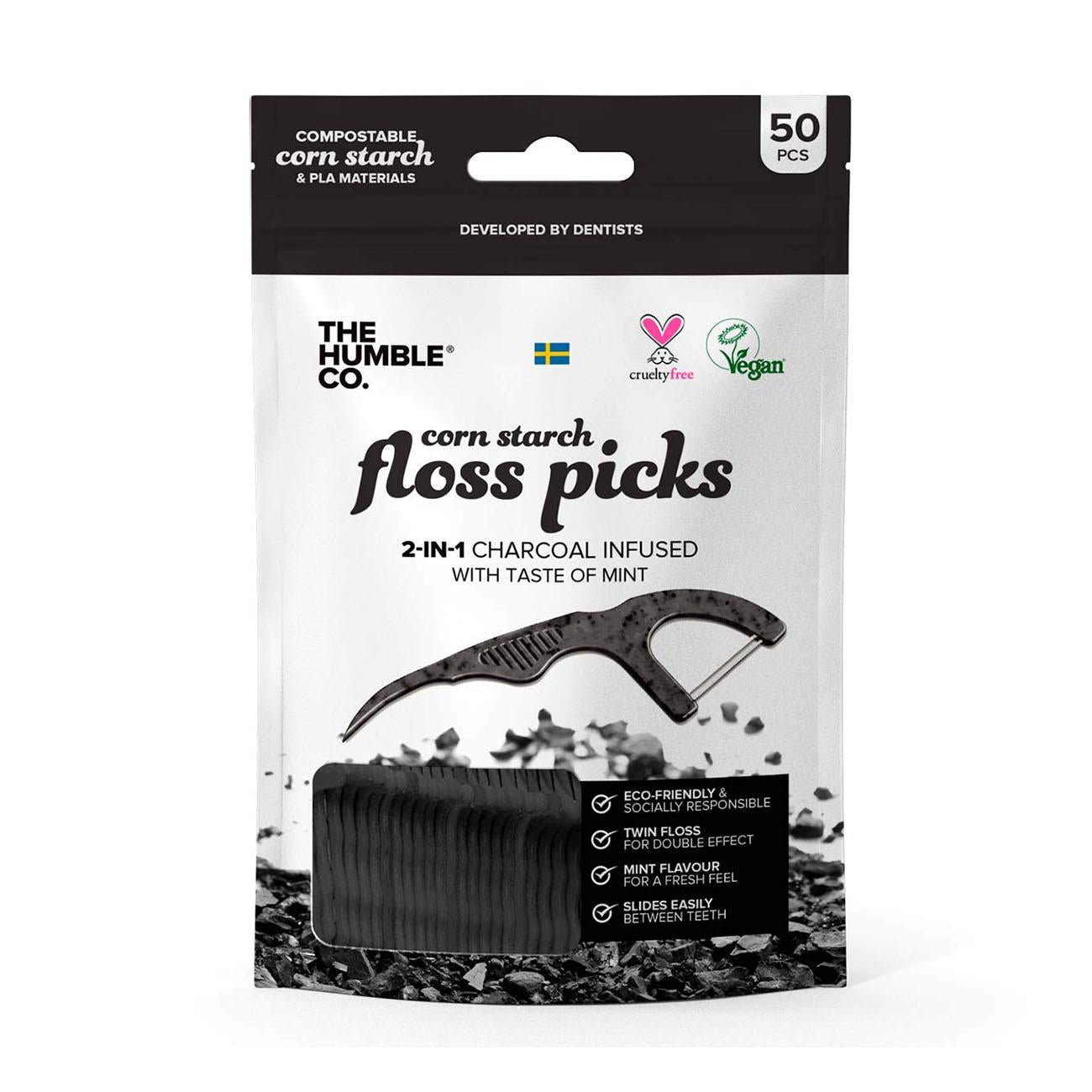 Charcoal Floss Picks 50 pieces - Eco Natural Products - Humble Brush - Floss Picks